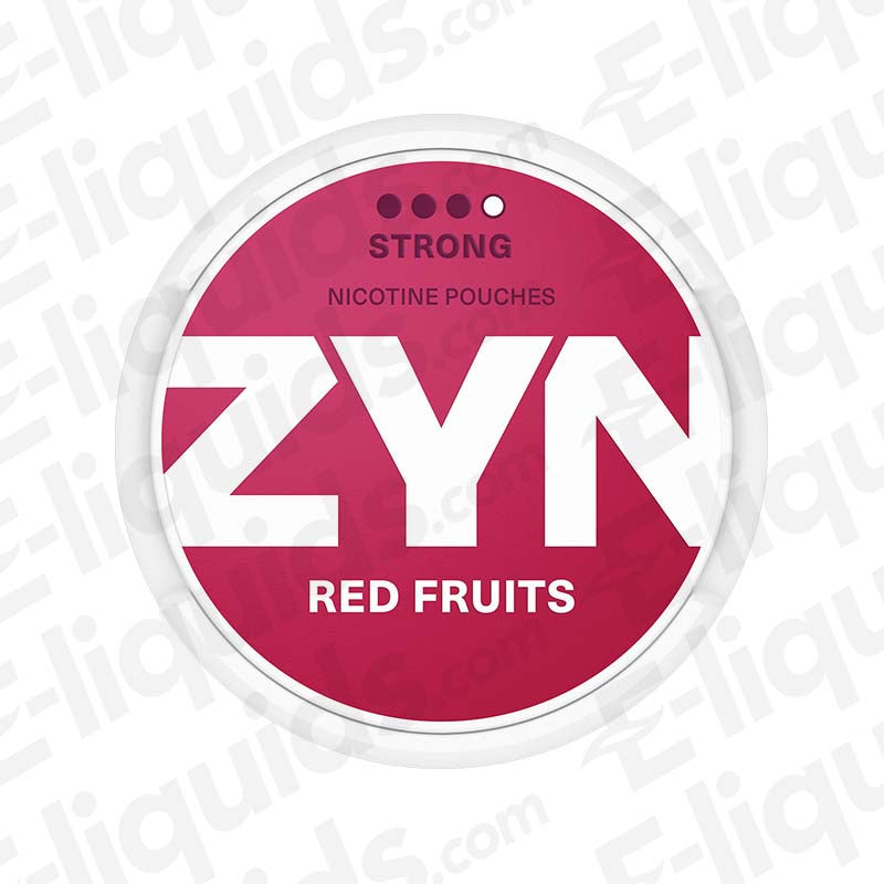 ZYN Red Fruits nicotine pouches can featuring strong 9mg nicotine with fruity flavors of berries and rhubarb.