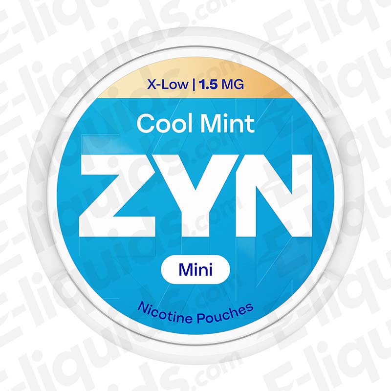 Cool Mint X-Low ZYN Nicotine Pouches in a round container, blue and white design, front view of 1.5 mg strength pouches.